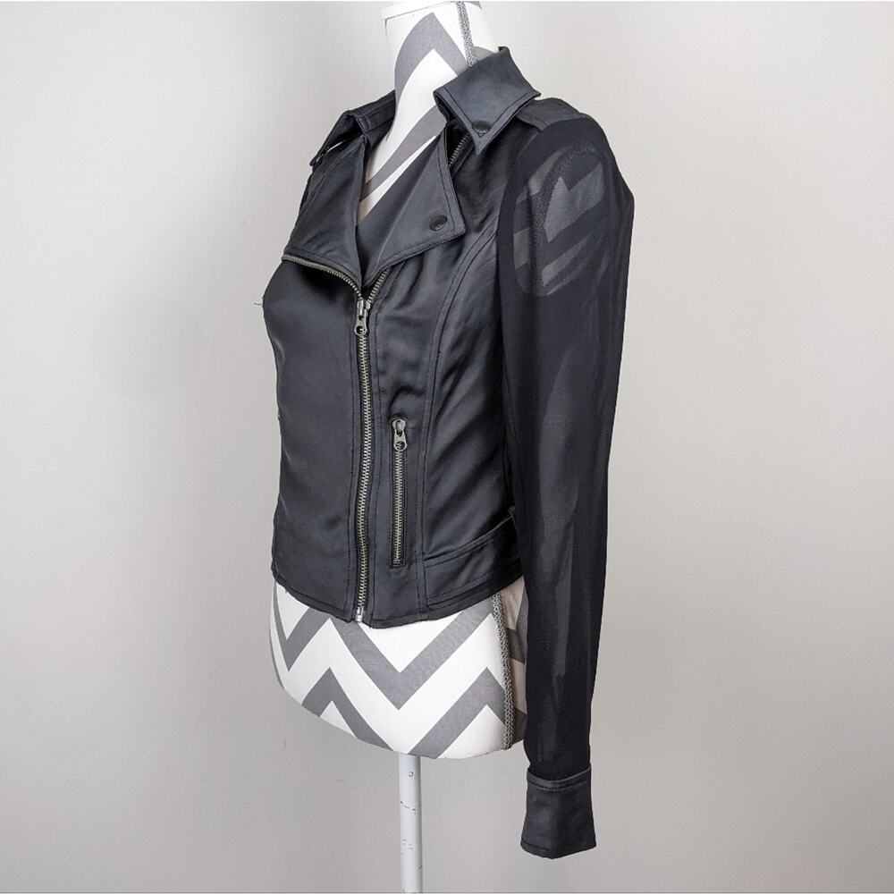 GUESS Satin Cropped Moto Jacket Sheer Sleeve Black XS Y2K - Picture 4 of 16